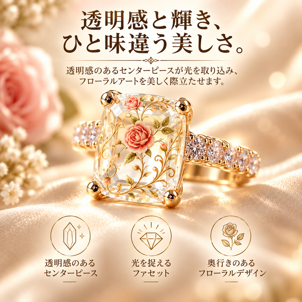 ヴィンテージローズ・フローラル ステートメントリング|ゴールドカラーのバンド