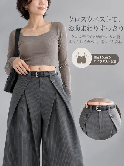 【デザインストライプ ハイウエストワイドスラックス】ベルトはプレゼントです。